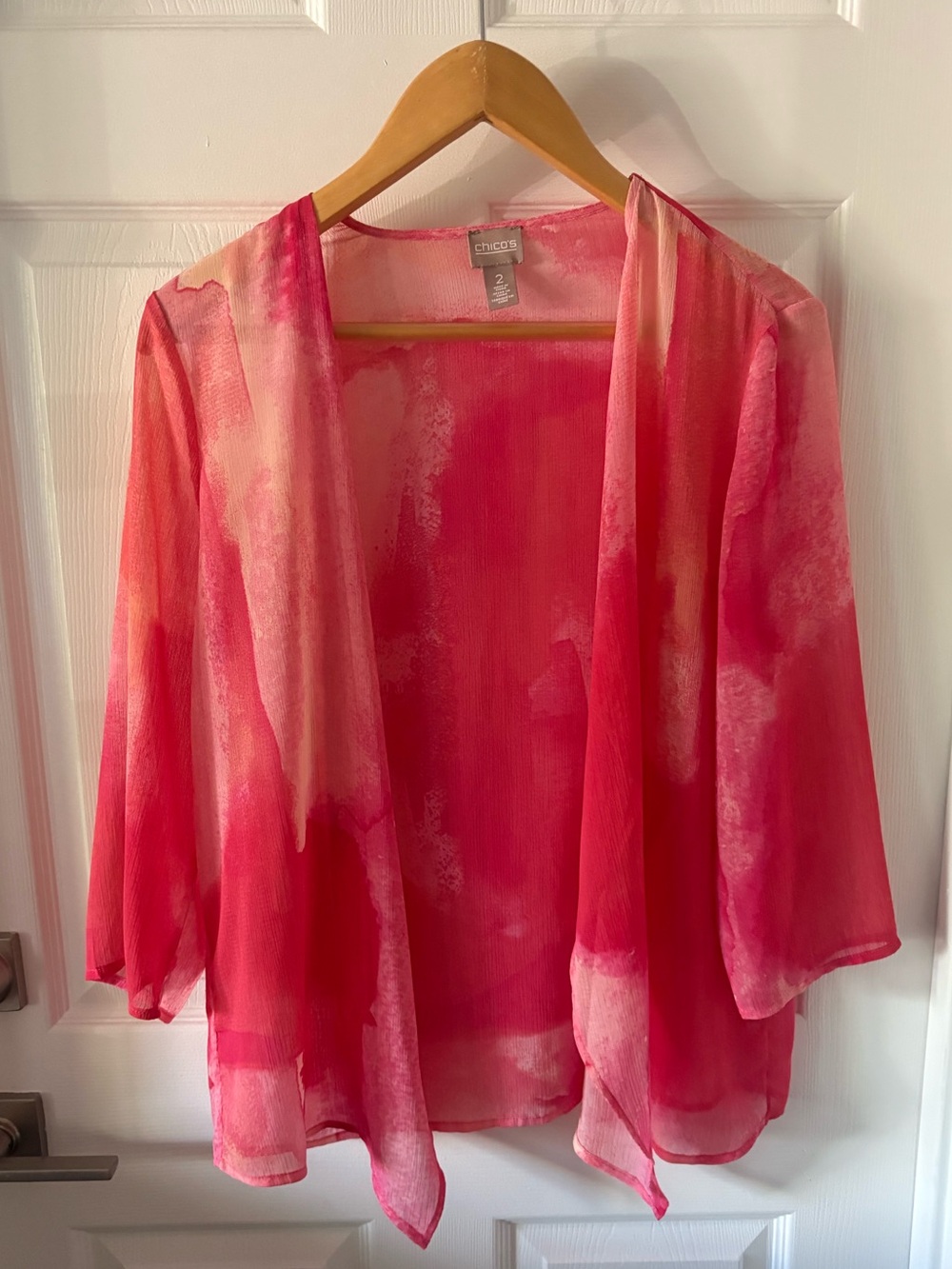 Chico's Pink Watercolor Open Front Sheer Cardigan Size 2